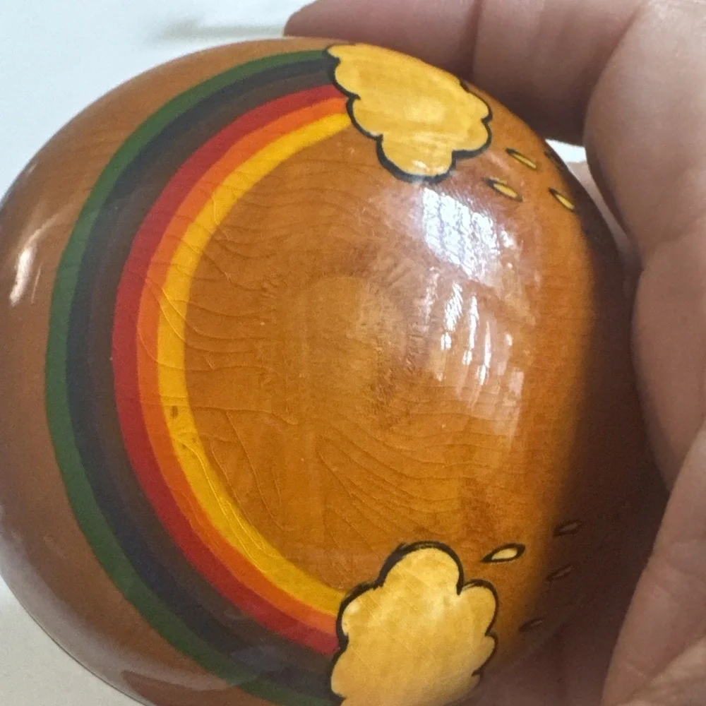 Vintage Small Round Laquer Wooden Hand Painted Trinket Box Rainbow Made In India
